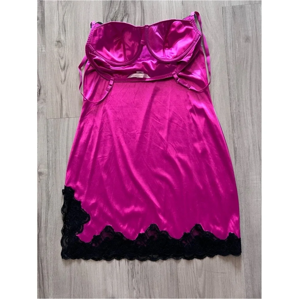 Victoria's Secret Hot Pink stretch Satin Slip Black Lace built in bra 36C vntg - Picture 5 of 15